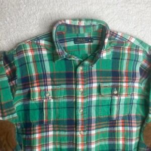 Polo Ralph Lauren men's plaid work flannel shirt pockets elbow patch camp xl
